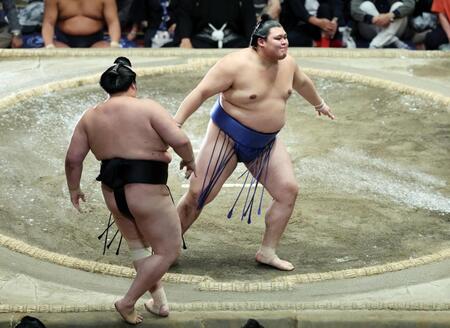 　琴桜（左）を寄り切りで破った大の里