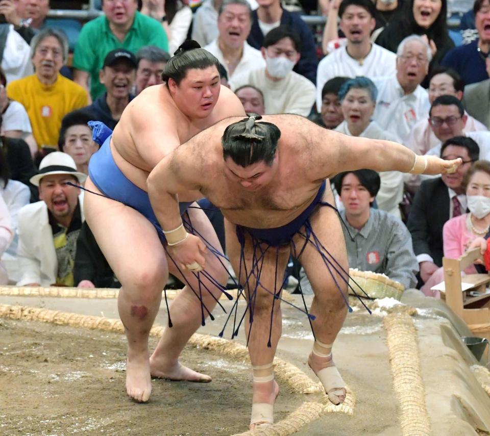 　優勝決定戦で高安（右）を下す＝３月