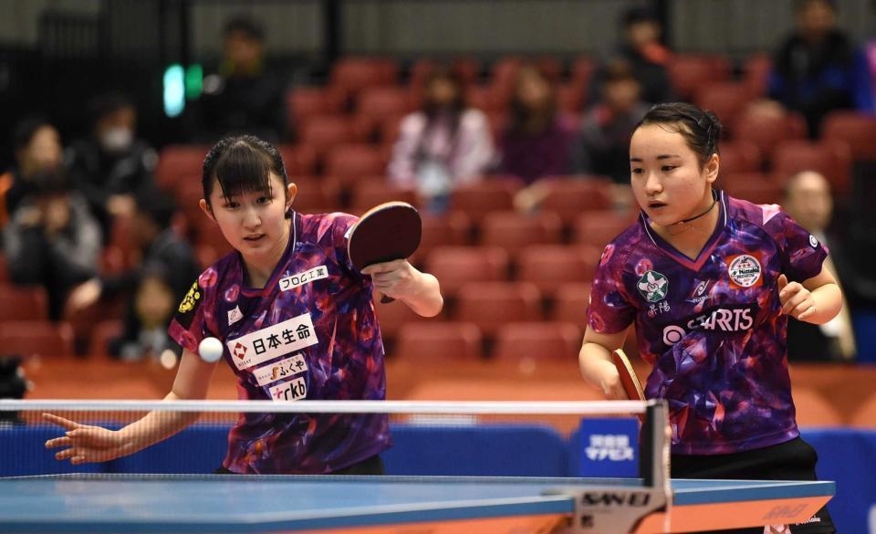 　女子ダブルス準々決勝を突破した伊藤・早田（左）組＝２０１８年１月