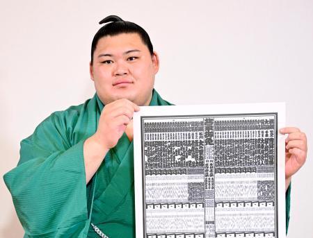 　大相撲名古屋場所の番付表を手にする新横綱・大の里＝３０日午前、愛知県安城市