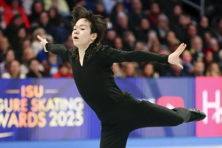 　３月の世界選手権男子フリーで演技する鍵山優真＝ボストン（共同）