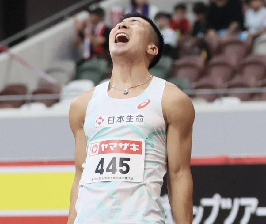 　男子１００メートル決勝を制した桐生祥秀（撮影・石井剣太郎）