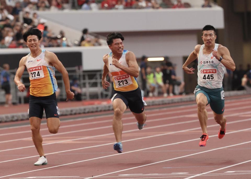 　男子１００メートル決勝を制した桐生祥秀（撮影・石井剣太郎）