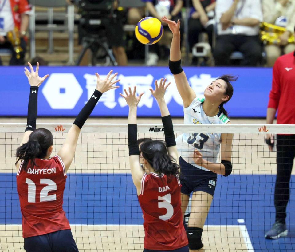 　第２セット、スパイクを放つ秋本（撮影・石井剣太郎）