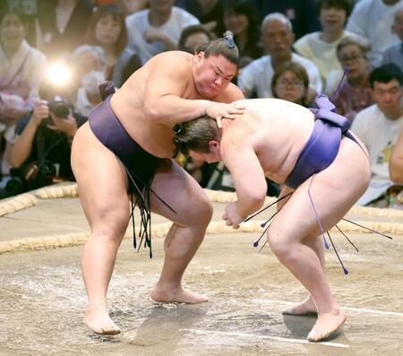 　安青錦（右）を攻める草野