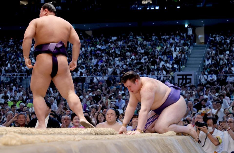 　草野（左）に寄り切りで敗れた安青錦