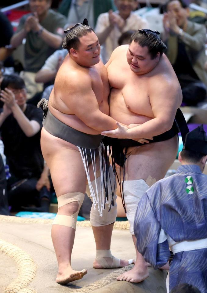 　朝乃山（左）が寄り切りで大奄美を破る