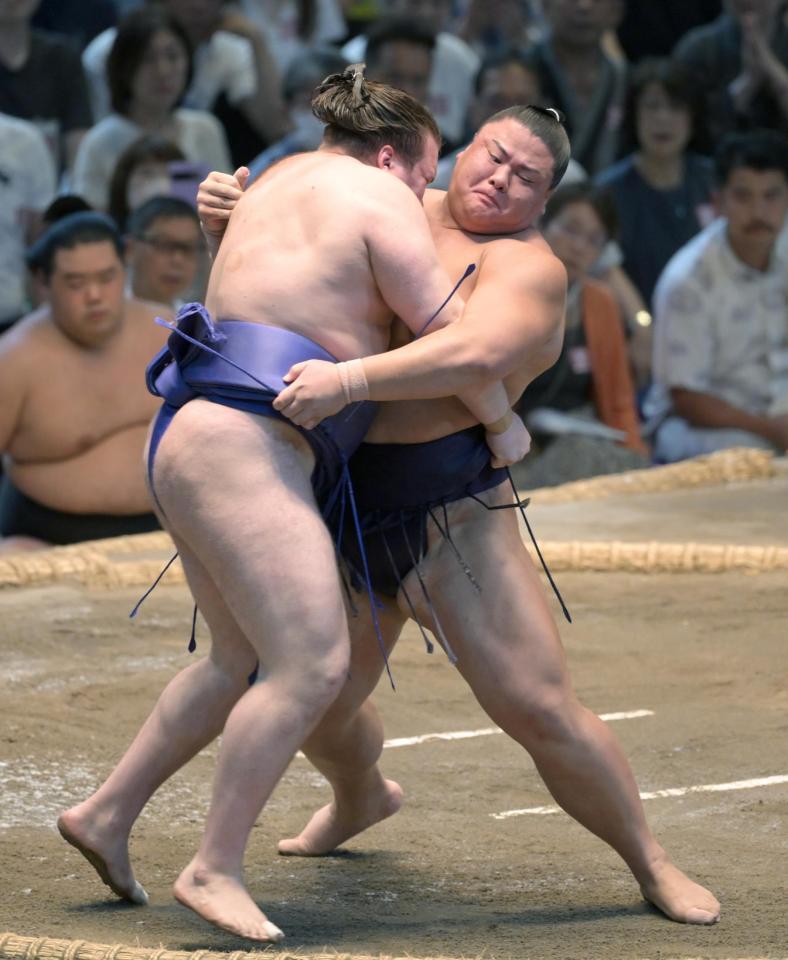 　草野（右）が寄り切りで安青錦を破る