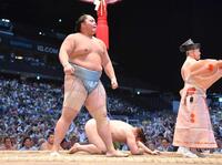 　安青錦（後方）を破り初優勝を決めた琴勝峰（撮影・開出牧）　