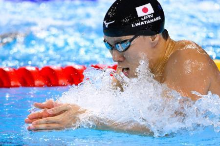 　男子２００メートル平泳ぎ決勝で力泳する渡辺一平。銀メダルを獲得した＝シンガポール（共同）