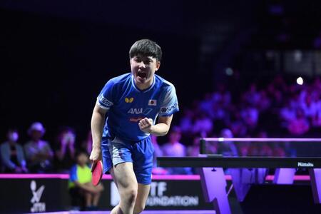 　第３ゲーム、勝利を決めてガッツポーズをする張本智和（撮影・堀内翔）