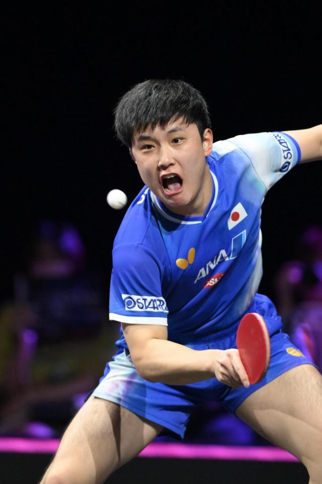 　第２ゲーム、レシーブする張本智和（撮影・堀内翔）