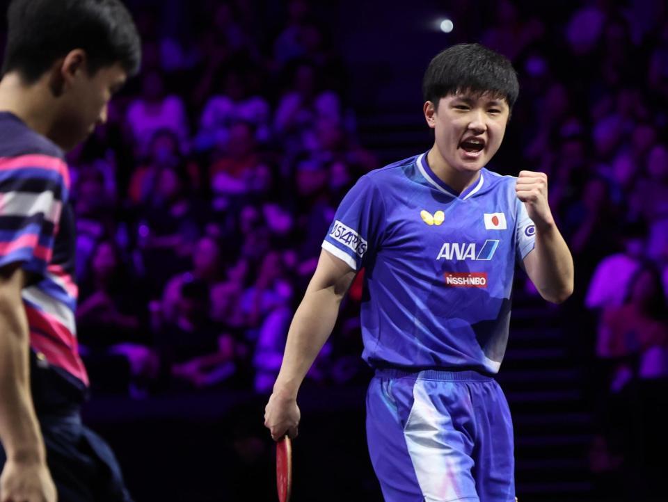 　第２ゲームをとった張本智和（撮影・佐々木彰尚）