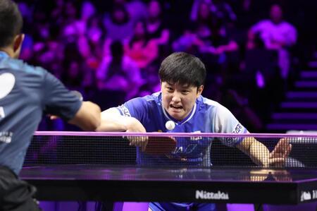 　第２ゲーム、気合いが入る張本智和（撮影・佐々木彰尚）