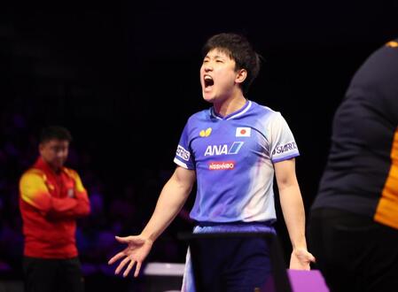 　優勝を決めて叫ぶ張本智和（撮影・佐々木彰尚）