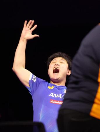 　優勝し叫ぶ張本智和（撮影・佐々木彰尚）