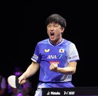 　第６ゲーム、得点し叫ぶ張本智和（撮影・佐々木彰尚）