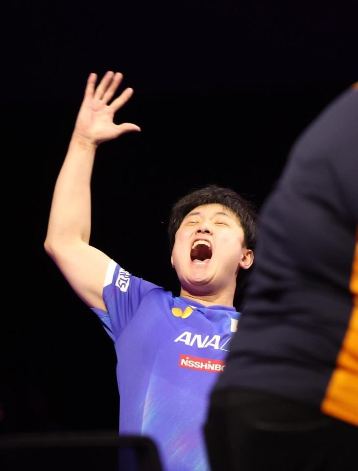 　優勝し叫ぶ張本智和（撮影・佐々木彰尚）