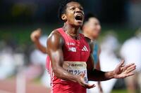 　男子１１０メートル障害決勝　ゴール後、喜ぶ村竹ラシッド。12秒92の日本新で優勝した