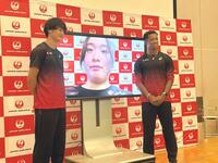 　ＪＡＬの壮行会に出席した（左から）鵜沢飛羽、北口榛花、村竹ラシッド