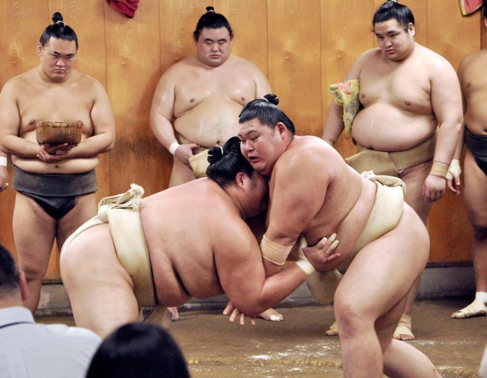 　二所ノ関一門の連合稽古で琴桜（左）と相撲を取る大の里