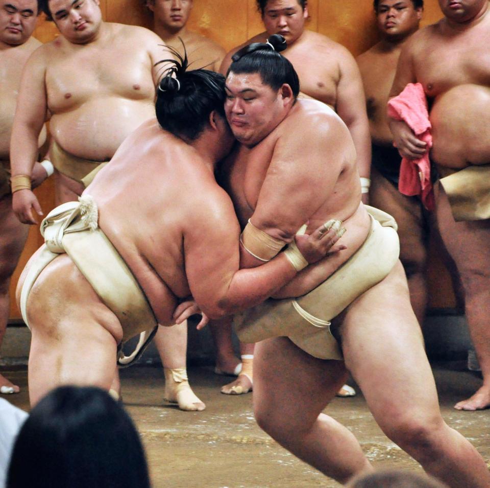 　二所ノ関一門の連合稽古で琴桜（左）と相撲を取る大の里