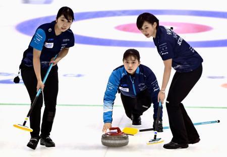 　フォルティウスとの決勝第１戦、ショットを放つＳＣ軽井沢クの上野美（中央）＝稚内市みどりスポーツパーク