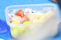 　休憩時、フォルティウスの取り出したフルーツが詰まった箱には、ニクラス・エディンコーチらの顔写真の楊枝も入っていた（撮影・吉澤敬太）