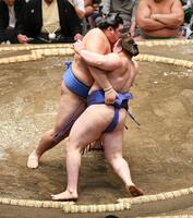 　安青錦（手前）を寄り倒しで下した大の里（撮影・開出牧）