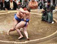 　安青錦（右）を寄り倒しで下した大の里（撮影・開出牧）