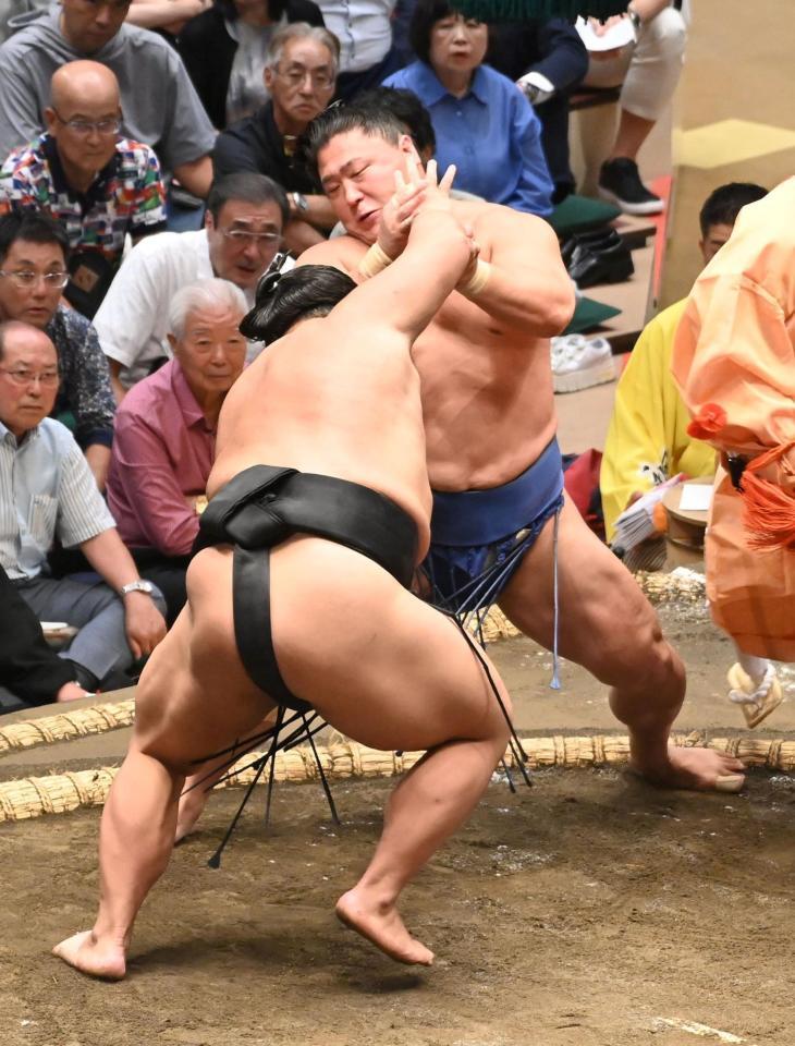 　伯桜鵬に押し出される若隆景（撮影・持木克友）