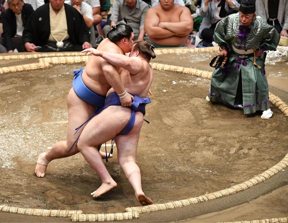 　安青錦（右）を寄り倒しで下した大の里（撮影・開出牧）