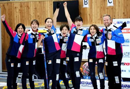 　日本代表の座を獲得し喜ぶフォルティウスの（左から）船山コーチ、小林、近江谷、小野寺、小谷、吉村、エディンコーチ（撮影・吉澤敬太）　