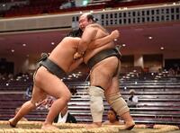 　琴寺尾（左）に押し出しで敗れた森麗（撮影・開出牧）