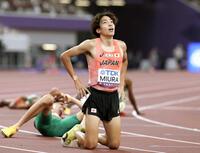 　男子３０００メートル障害決勝を８位入賞で終えた三浦龍司（撮影・石井剣太郎）