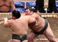 　納谷（左）を突き出しで破った海真（撮影・園田高夫）