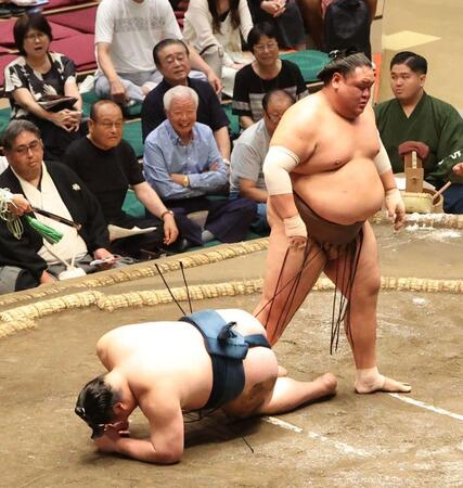 　荒篤山（右）に敗れ、頭を押さえる白熊