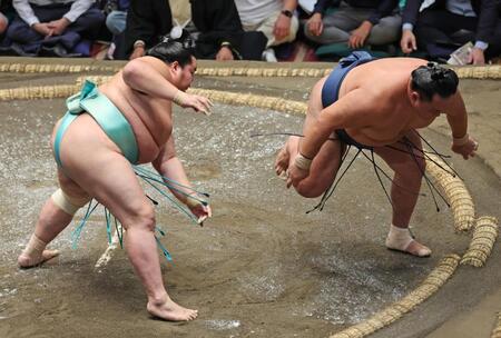 　琴桜（左）が突き落としで玉鷲を下す