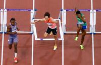 　男子１１０メートル障害準決勝、転倒する泉谷駿介（中央）＝１６日