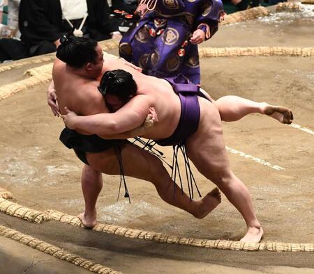 　翠富士（左）を寄り倒しで破り５勝目を挙げた美ノ海（撮影・園田高夫）