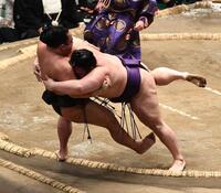 　翠富士（左）を寄り倒しで破り５勝目を挙げた美ノ海（撮影・園田高夫）
