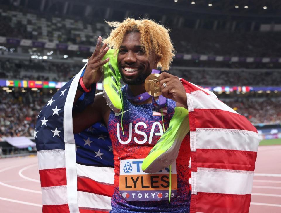 　男子２００メートルで４連覇を果たしたノア・ライルズ（撮影・石井剣太郎）