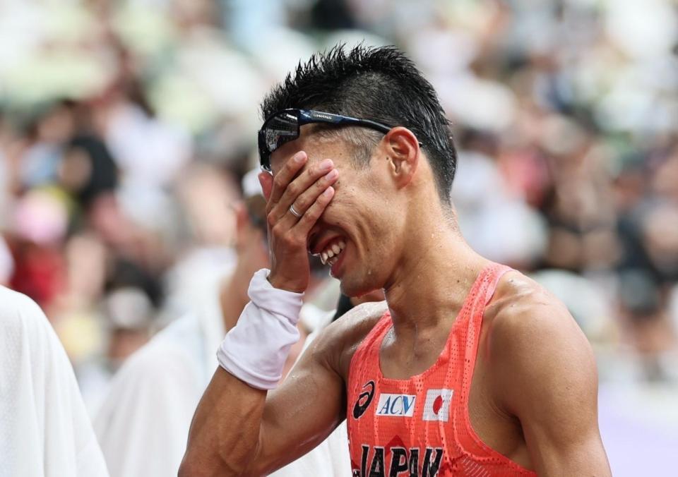 　男子２０キロ競歩のレース後、悔しがる山西利和