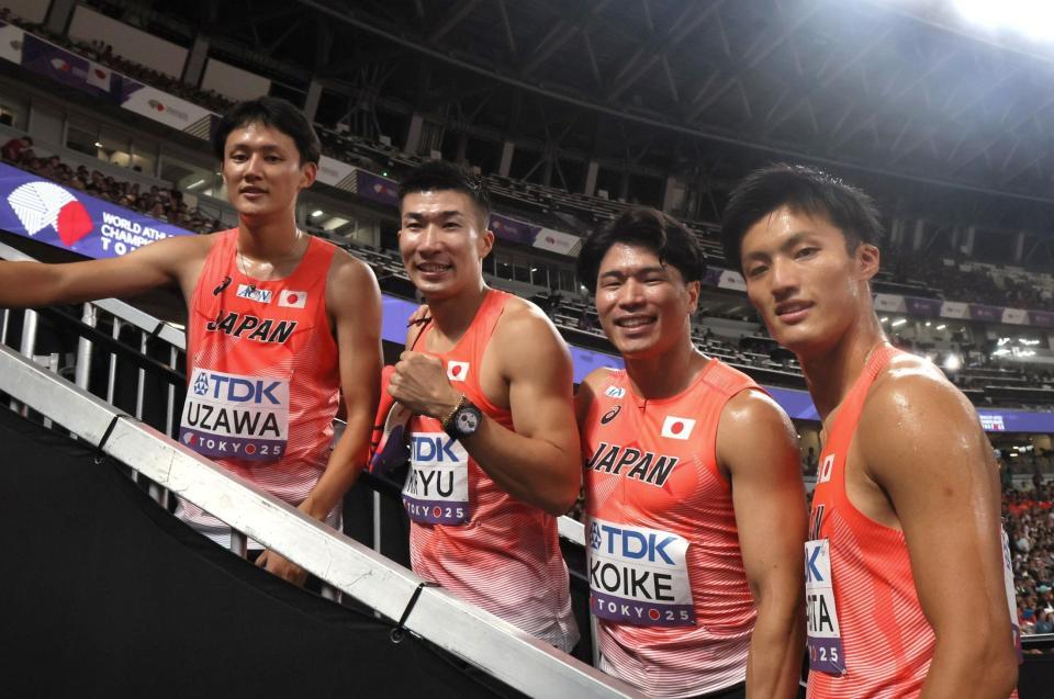 　（左から）鵜澤飛羽、桐生祥秀、小池祐貴、栁田大輝＝２０日