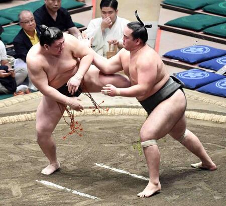 　大辻（右）に敗れた夢道鵬（撮影・佐藤厚）