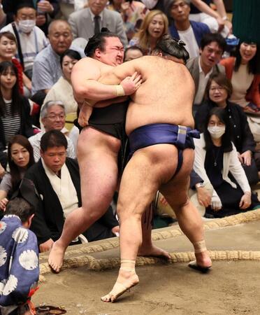 　豪ノ山（左）を寄り切りで破る高安（撮影・石井剣太郎）