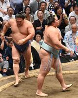 　琴勝峰（右）の寄り切りに敗れた若隆景（撮影・持木克友）
