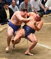 　豊昇龍（右）を切り返しで破った安青錦（撮影・持木克友