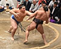 　霧島（右）を押し出しで下した大の里（撮影・持木克友）