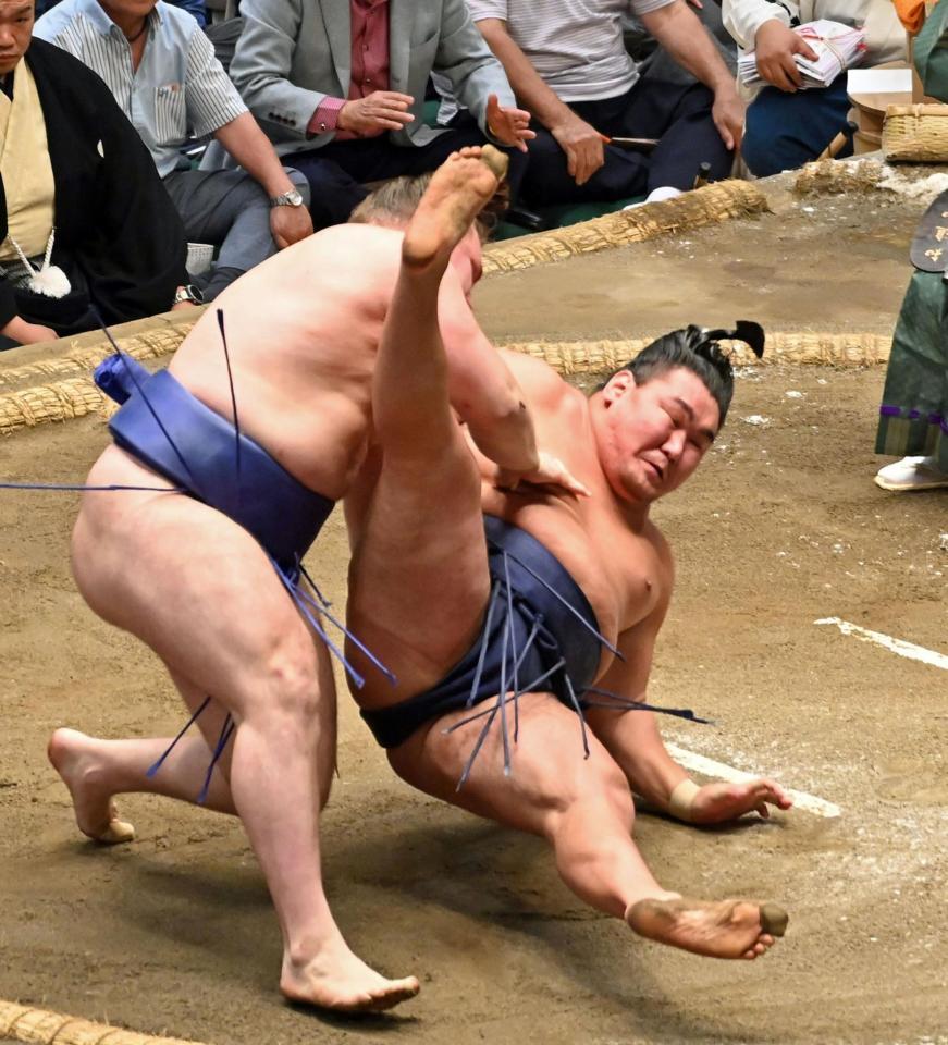 　豊昇龍（右）を切り返しで破った安青錦（撮影・持木克友）